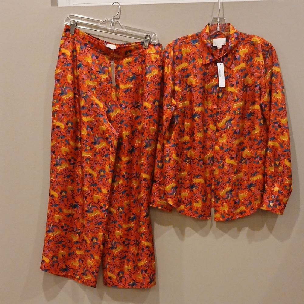 AUTHENTIC/REAL J.  Crew Orange Multicolor Floral Button-Up Top & Wide-Leg
